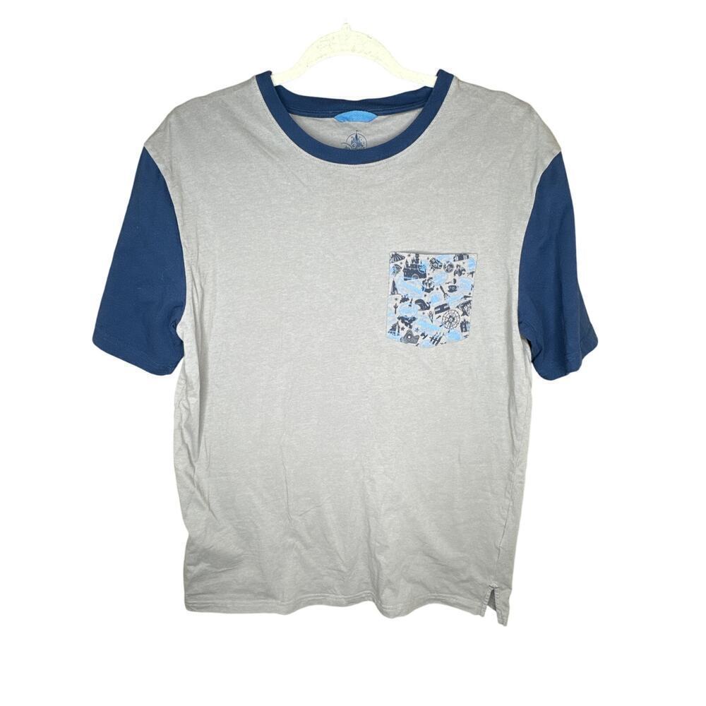 Disney Parks Men's Medium Gray Shirt 100% Cotton with Blue Sleeves